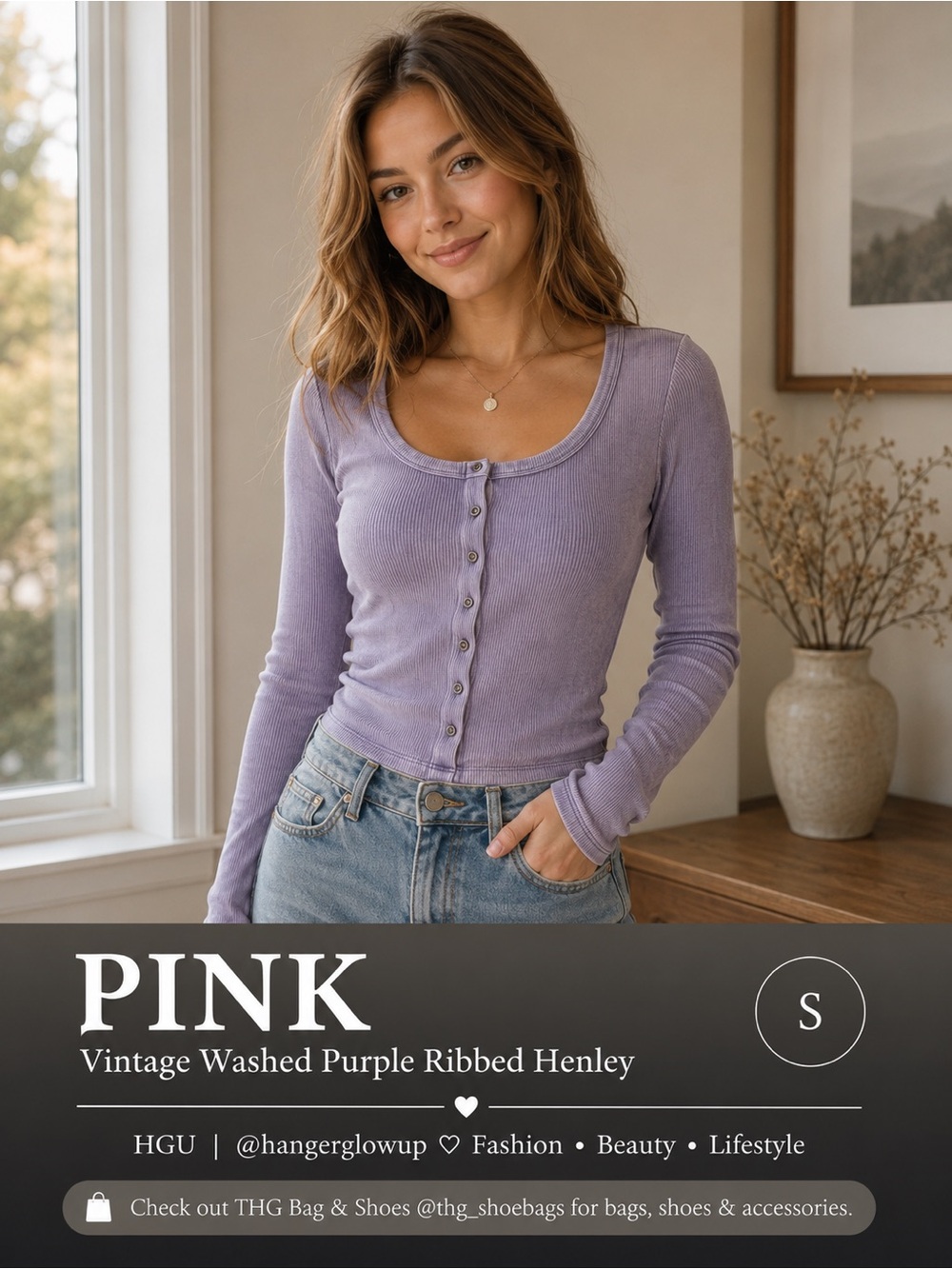 PINK Victoria’s Secret Vintage Washed Purple Ribbed Henley Top NWT Size S